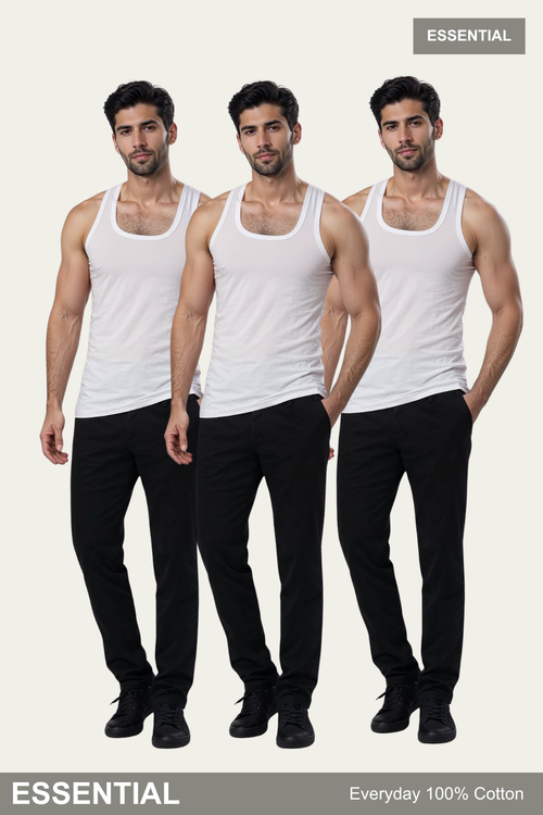 Men Sleeveless Essential Vest (Pack of 3) - White